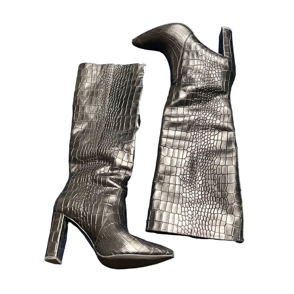 Paige Carmen Leather Crocodile Print Pointed Toe Knee High Boots Size 7